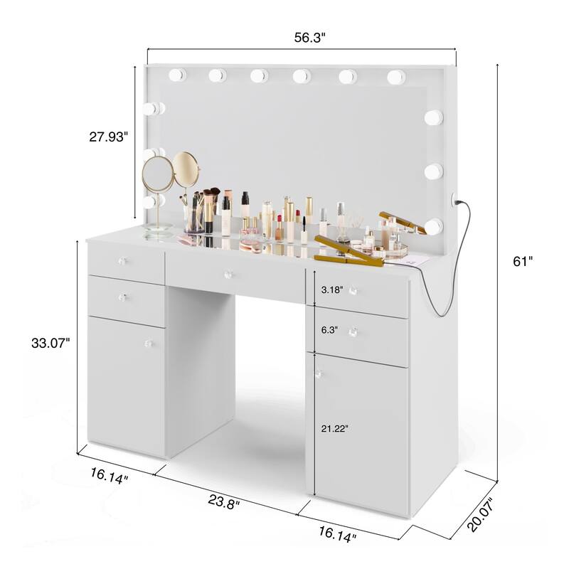 Hollywood Large Makeup Vanity Desk with 12 Light Bulbs; Modern Dressing Table with Multiple Storage Drawers & Crystal Knobs