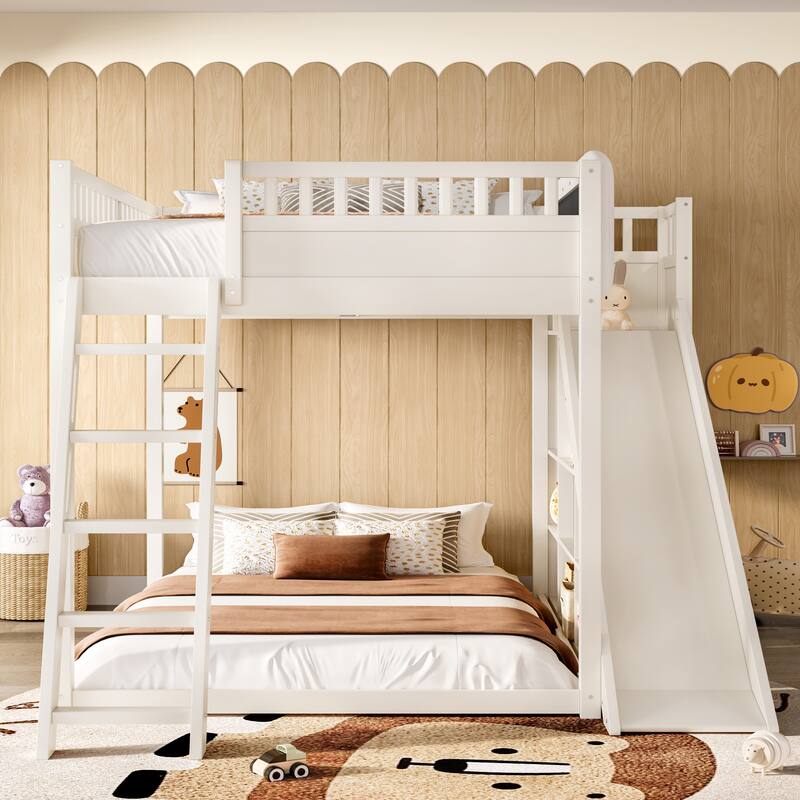 Full Size Loft Bed with Upholstered Headboard and Storage shelves, Complete with Ladder and Slide