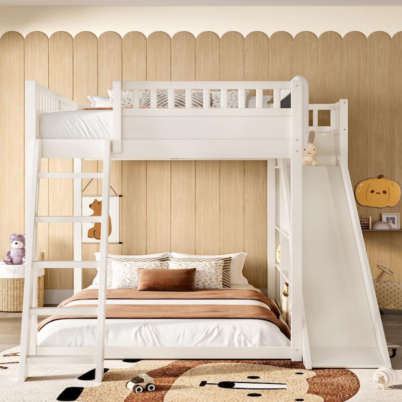 Queen/Full Loft Bed with Upholstered Headboard, Storage & Slide