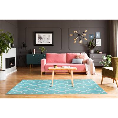 Light Turquoise Traditional Trellis Geometric Moroccan Area Rug - 5' x 7'