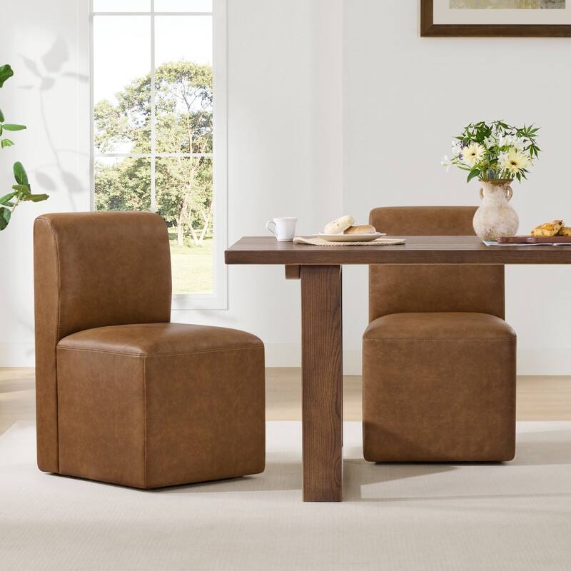 Spruce & Spring Charlotte Upholstered Dining Chairs with Casters Set of 2 - Set of 2 - Brown-Genuine Leather