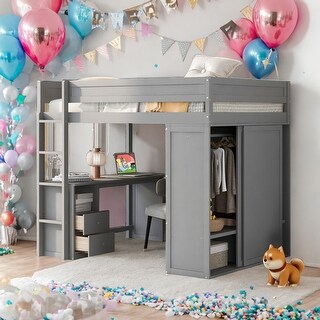Full Size Wood Loft Bed with Wardrobes and 2-Drawer Desk with Cabinet,Gray