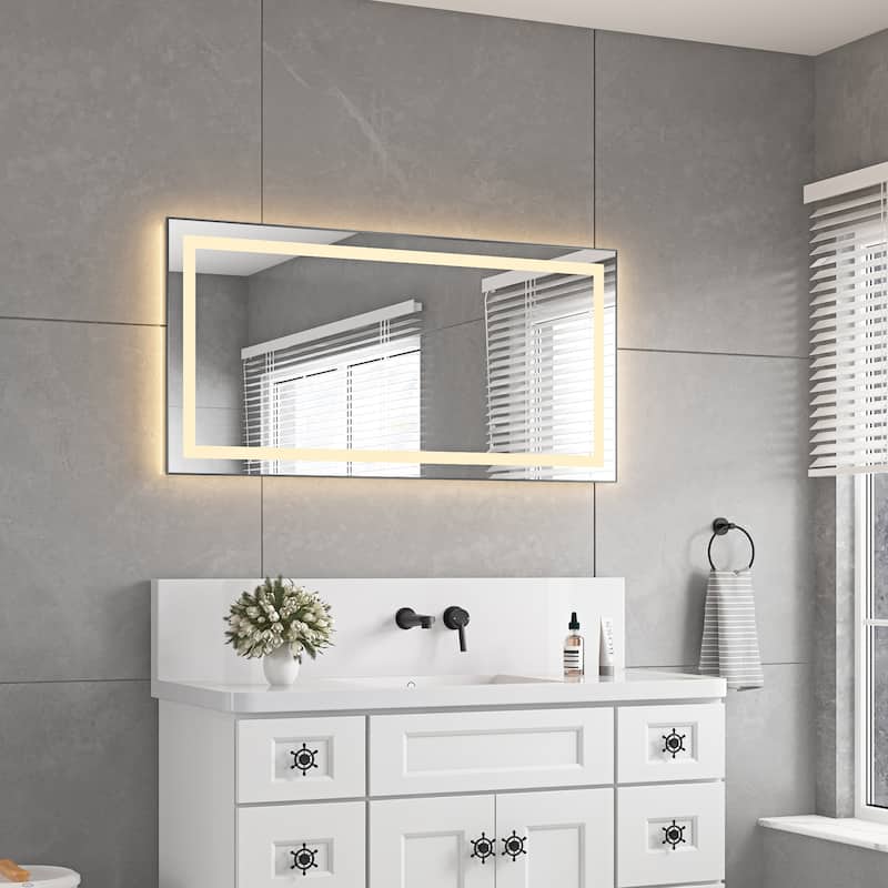 48" x 24" LED Bathroom Mirror with Front and Backlight, Wall Mounted Vanity Mirror with Aluminum Frame, Anti-Fog - Gun Ash