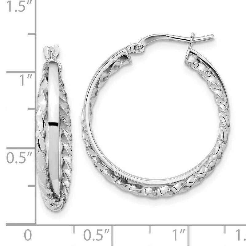 Curata 14k White Gold Polished and Textured Hinged Hoop Earrings - 25.4x34.5mm