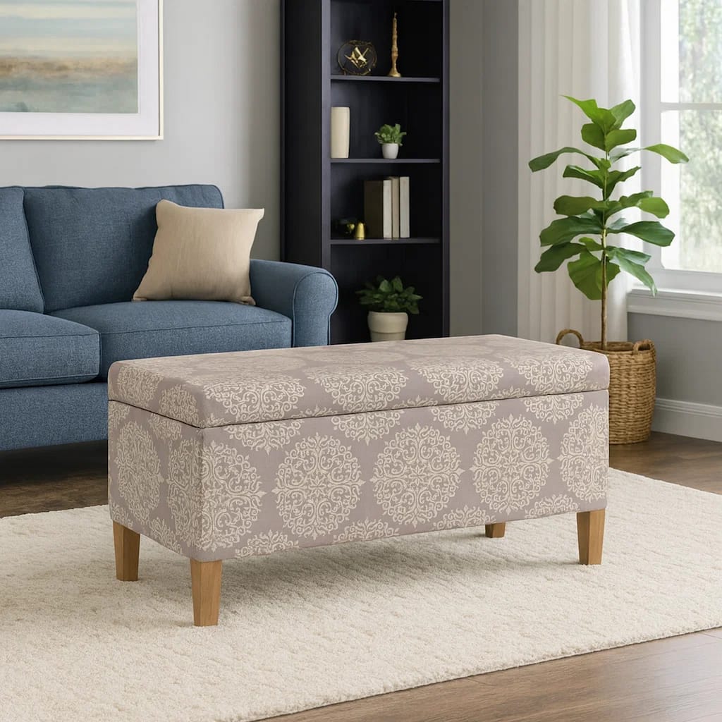 Ben Storage Bench Ottoman, Light Brown Medallion Design, 36 Inch