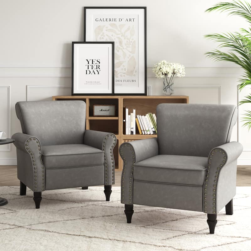 Mid-Century Modern Accent Chairs with Nailhead Trim - Faux Leather - Grey-2set