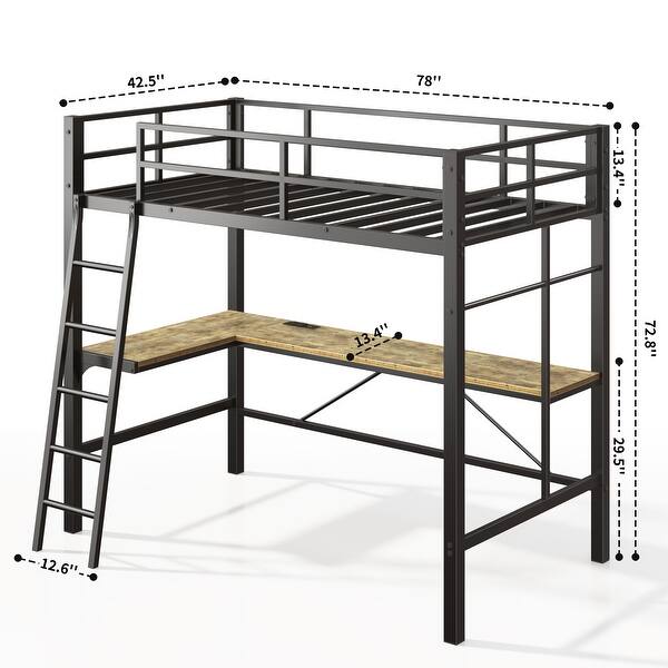 Hasuit Twin Loft Bed With U-Shaped Desk & LED Lights - Full Metal Bed Frame With Charging Station, Shelves, Ladder, Black