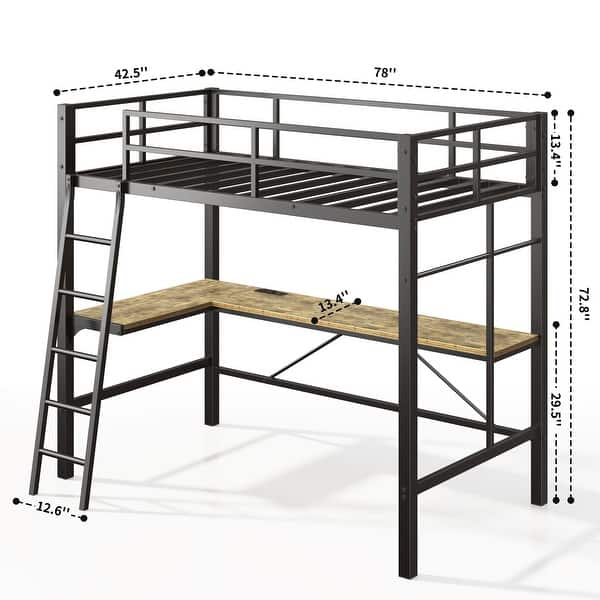 dimension image slide 0 of 2, Twin Size Metal Loft Bed with Safety Guard & Ladder, No Box Spring Needed