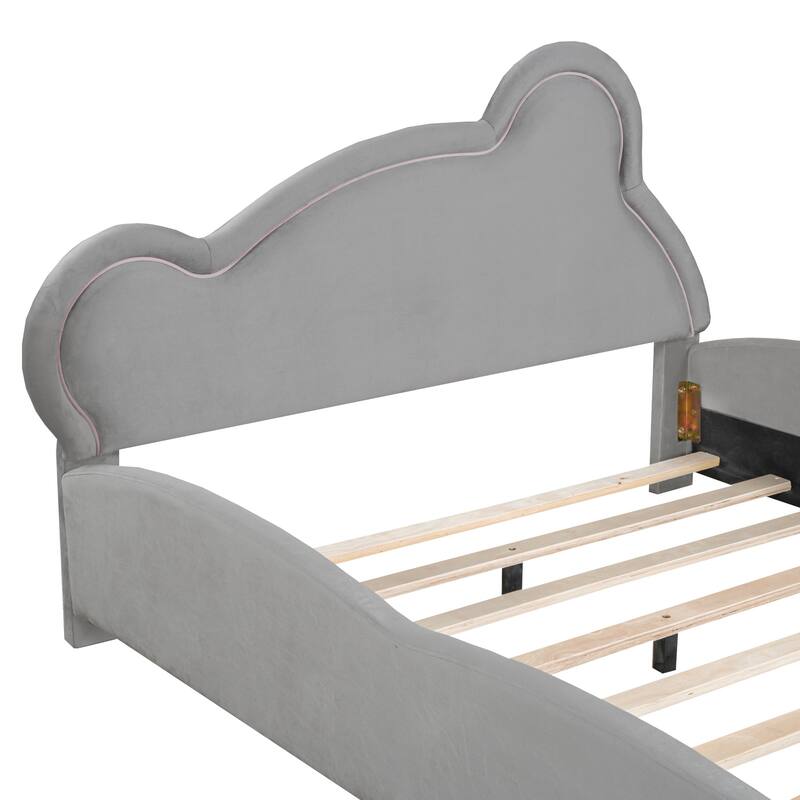 Full Size Velvet Bed with Bear-Shaped Headboard and Storage Pockets - Cozy, Fun, and Practical for Children's Bedrooms
