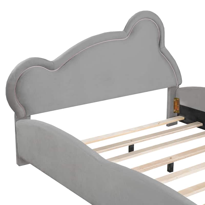 Gray Full Size Velvet Platform Bed with Bear Headboard and Storage Pocket