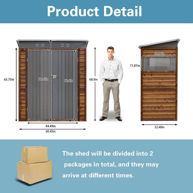 3x5FT Iron-Wood Combination Tool Shed, Stylish Cedarwood with Waterproof Paint, Dark Gray Iron Doors and Roof