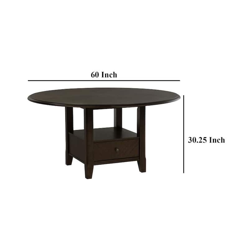 Tipa Round Dining Table with Drawer and Shelf, Dark Cocoa Wood 60 Inch