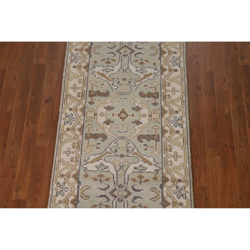 Green Oushak Oriental Runner Rug Handmade Floral Wool Carpet - 2'7"x 10'1"