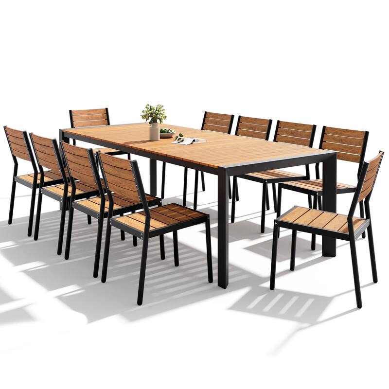 Set of 11 Outdoor Patio Dining Set WoodLike Table Top Aluminum Rectangular Umbrella Hole Table with Stackable Chairs