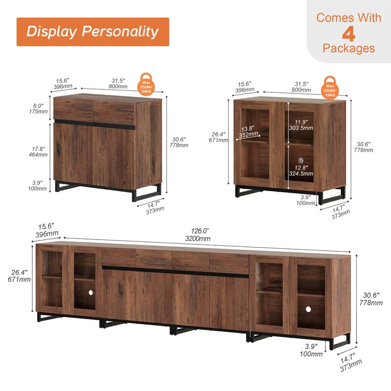 Modern Dresser with Adjustable Shelves, 4 in 1 Storage Cabinet with Glass Doors for Bedroom