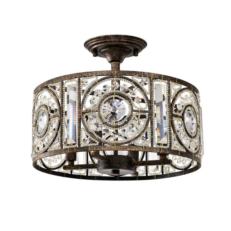 Sigyn Caged Drum Semi-Flushmount Ceiling Lamp with Crystal Ornaments Antique Bronze - Antique-Bronze