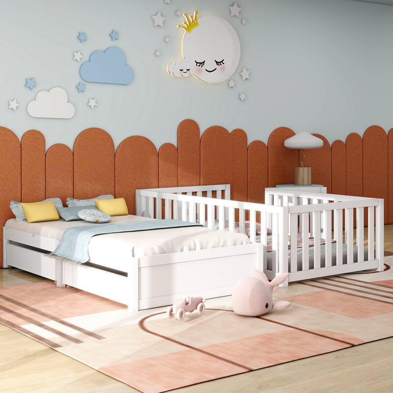 Modern Wood Daybed with Fence Guardrails and 2 Drawers