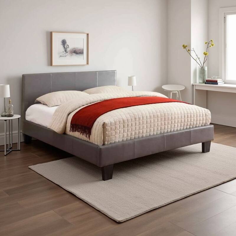 Leatherette Platform Style Eastern King Bed with Tapered Block Feet, Gray