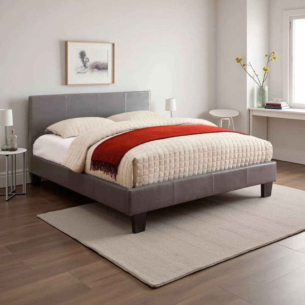 Leatherette Platform Style Eastern King Bed with Tapered Block Feet, Gray