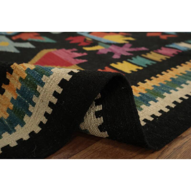 Hand Woven Oriental 100% Wool Carpet Southwestern Tribal Black Kilim Area Rug - 9' 10'' X 6' 8''