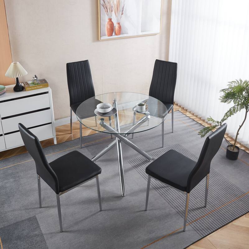 5 Pieces Dining Set, Table Metal Leg Mid-Century Dining Table for 4-6 People with Glass Table Top,Pedestal Dining Table - Black