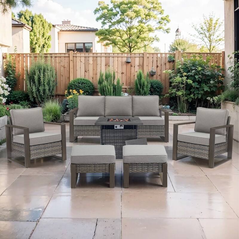 Pocassy Outdoor Fire Pit Conversation Set 3-Seat Sofa Chairs Patio Furniture Set - Grey Wicker Gray Cushion - 6-Piece Sofa Patio Chair Ottoman with Fire Table