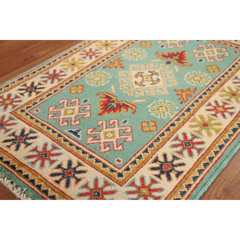 Turquoise Blue Kazak Oriental Accent Foyer Rug Handmade Wool Carpet - 2'0"x 3'0" - 2'0"x 3'0" - Blue