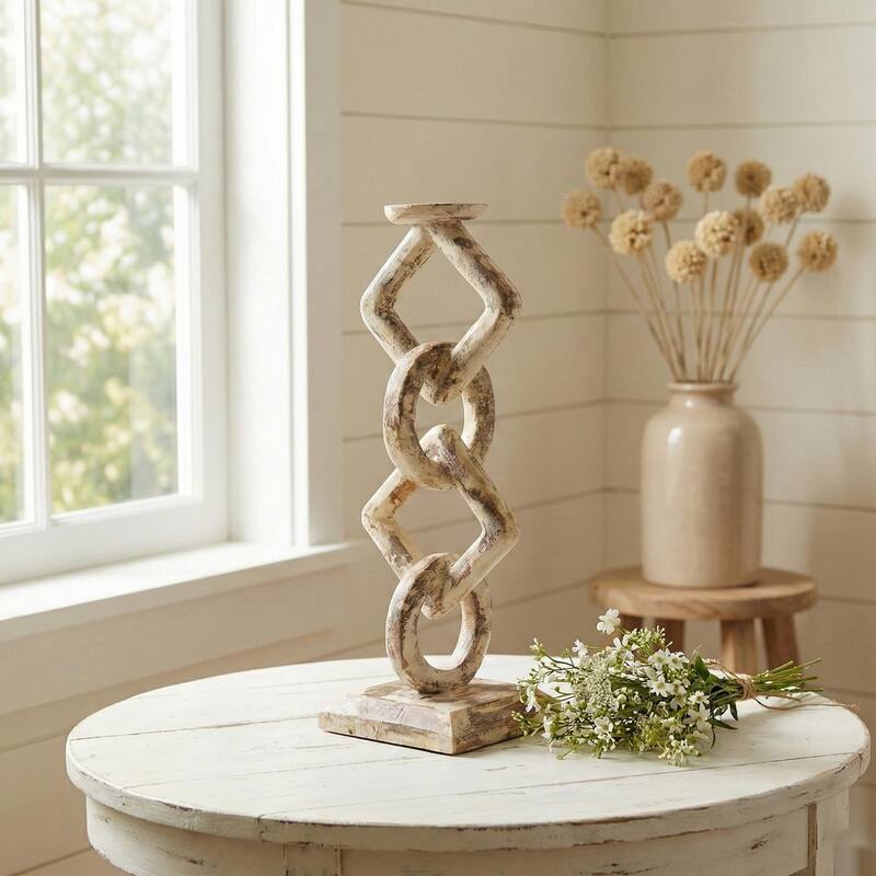 Wood Chain Link Candle Holder - Hand Carved Rustic Whitewashed Candle Stand, Decorative Accent