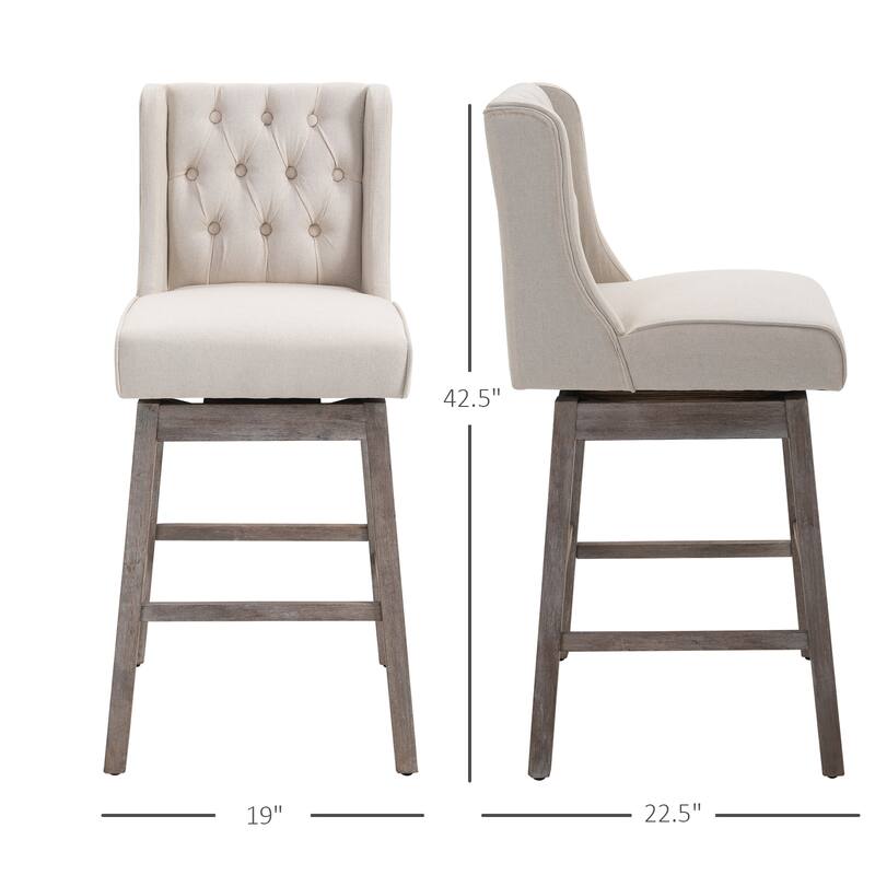 HOMCOM 2 Piece Bar Height Chair Swivel Barstool with Integrated Footrest, Solid Wood Design, and a 180 Degree Rotation, Beige