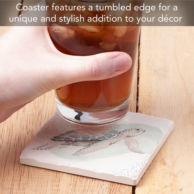Sea Turtle 4 Pack Absorbent Stone Coasters with Cork Backing 4" Square Made in The USA Absorbent Wipes Clean