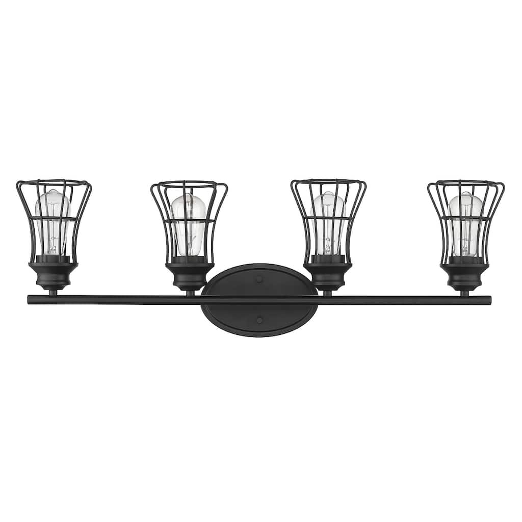 Modern 4-Light Vanity Wall Light in Matte Black with Metal Cage Shades and E26 Base Damp Rated - 9.25"H x 32.25"W x 6.25"D