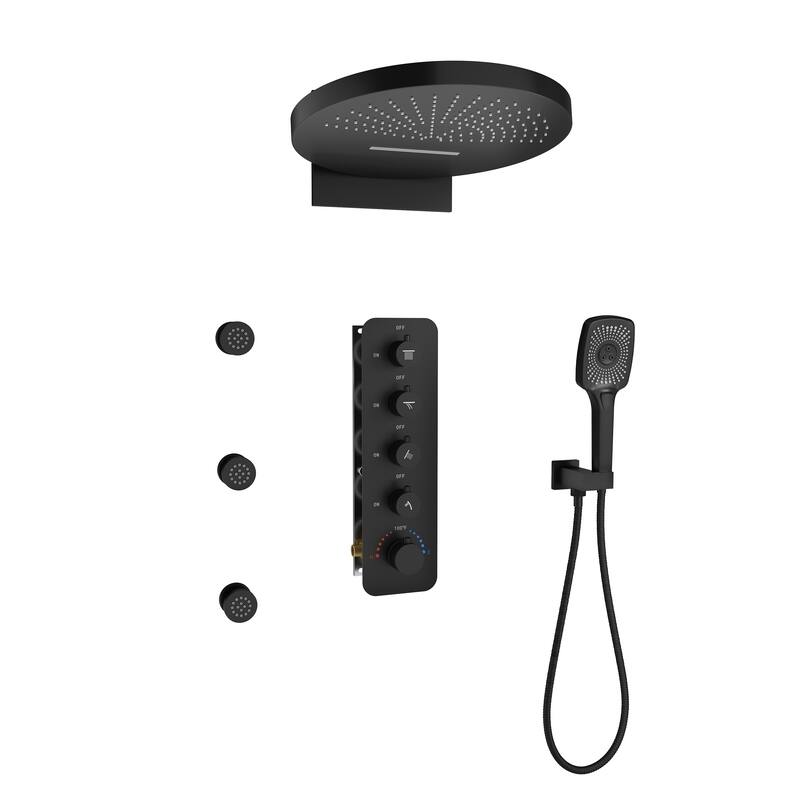 6-Spray 16 in. Wall Mount Thermostatic Fixed and Handheld Shower Head 2.5 GPM with 3-Body Jets - Matte Black