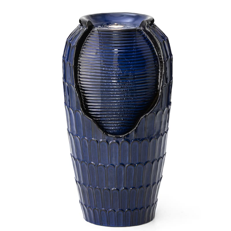 Glitzhome Oversized LED Lighted Ceramic Pot Floor Fountains for Outdoor Garden