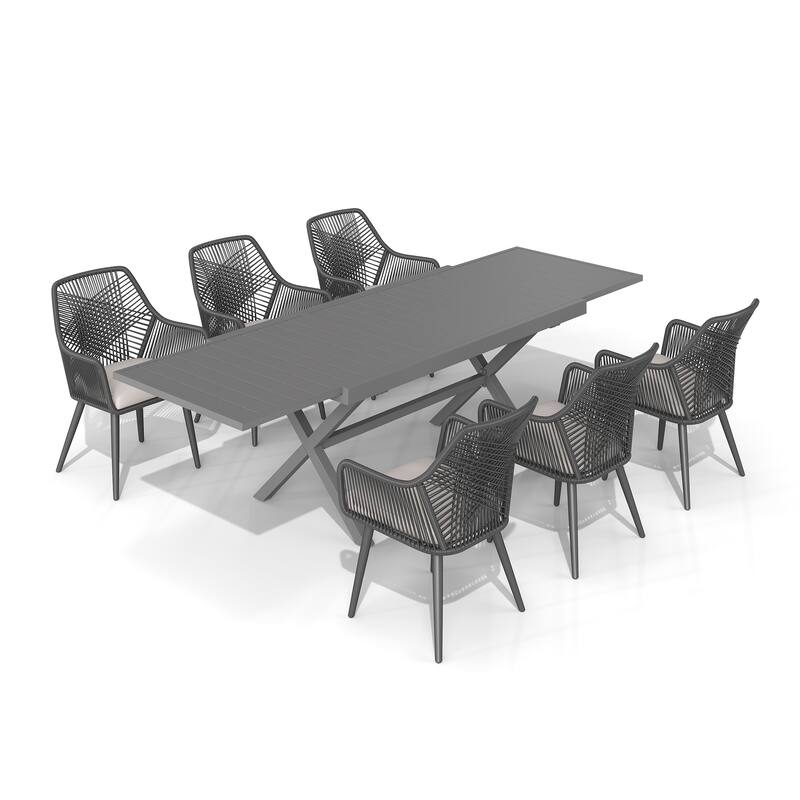 Expandable Aluminum Outdoor Dining Set with 6 Woven Rattan Chairs