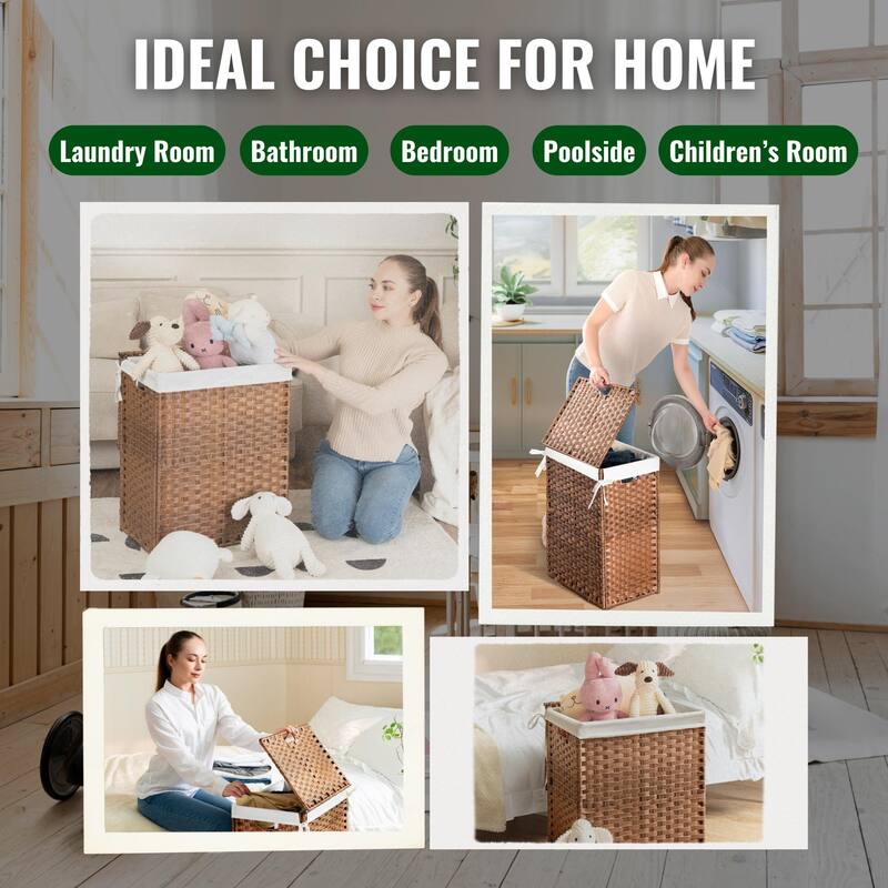 Laundry Hamper with Lid, 100L Wicker Laundry Baskets with 2 Removable Liner Bags - 18"Lx13.5"W x24"H
