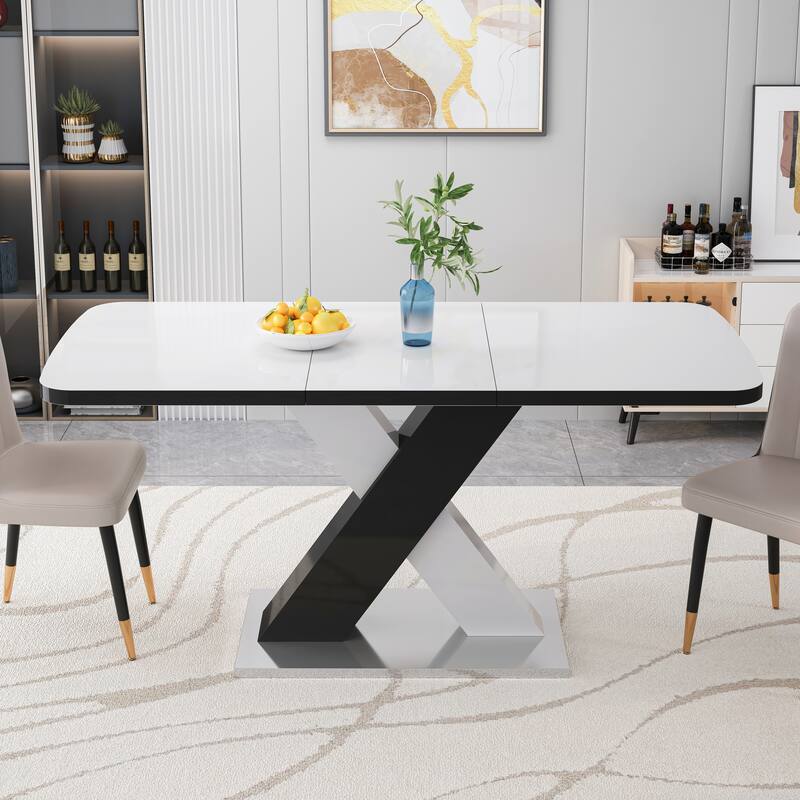 Modern Stretchable Dining Table with X-Shape Table Leg & Metal Base