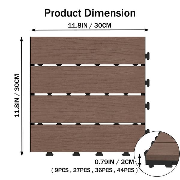 dimension image slide 0 of 2, Domi 12" x 12" HDPE Plastic Resin Interlocking Deck Tiles, Waterproof Outdoor Patio Flooring with Drainage Design