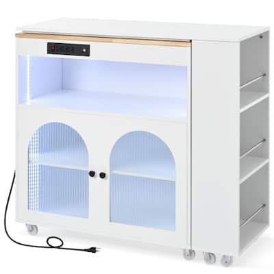 Rolling Kitchen Island With Extended Table On Wheels with LED Lights and Power Outlets and 2 Fluted Glass Doors