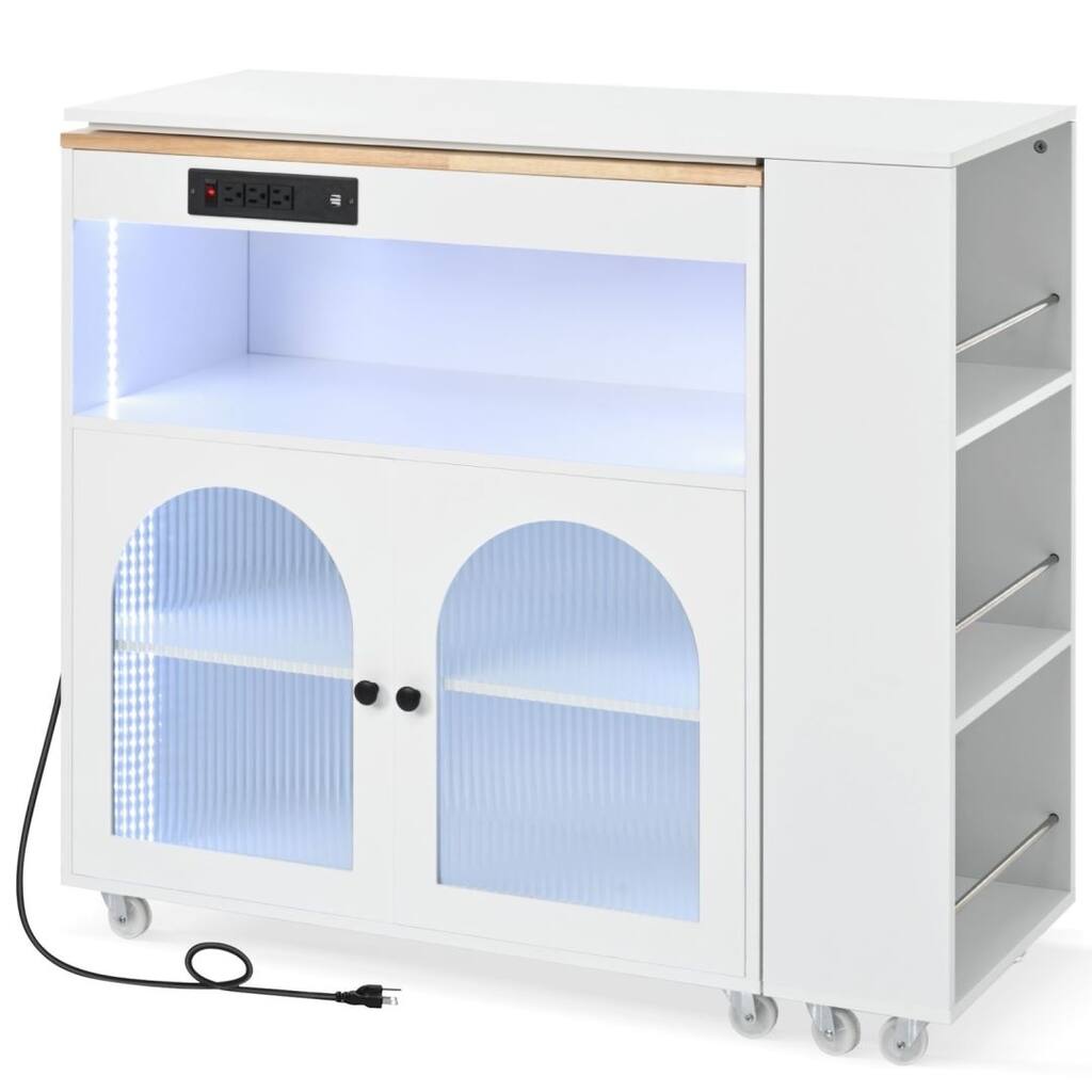 Rolling Kitchen Island With Extended Table On Wheels with LED Lights and Power Outlets and 2 Fluted Glass Doors