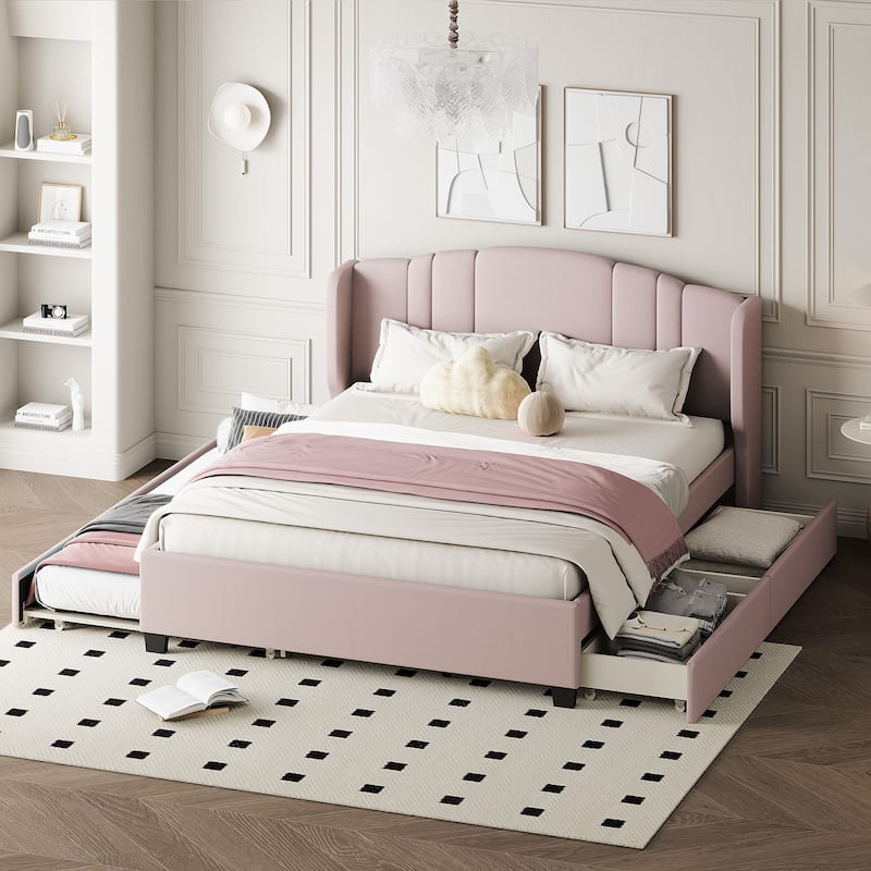 Queen Size Upholstered Bed Frame with Wingback Headboard Trundle and 2 Drawers, Center Support Legs Platform Bed Frame