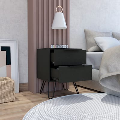 Modern Black Wengue Nightstand, 2 Drawers with Hairpin Legs, Compact and Stylish Design, 13.7"x17.71"x22.44"
