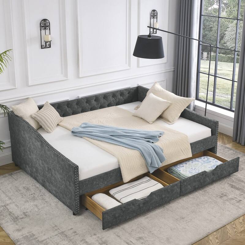 Upholstered Queen Daybed with Two Storage Drawers,Queen Size Button Tufted Sofa Bed Daybed - Grey