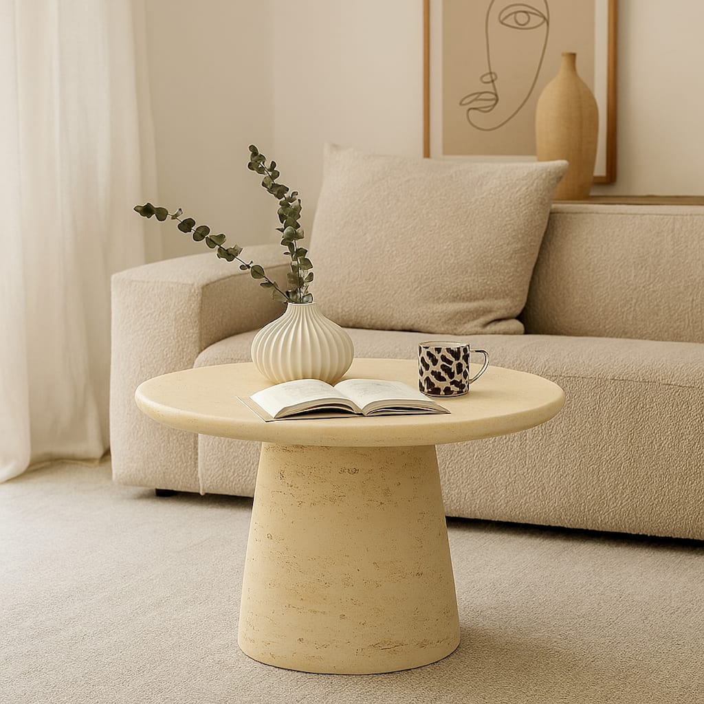 Keki Coffee Table, 24 Inch Round, Tapered Off White Resin Body