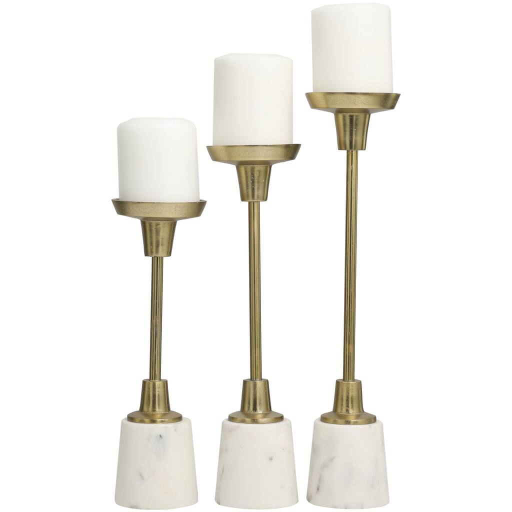 Aluminum Metal Slim Candle Holder with White Marble Base - Set of 3 Gold or Silver - Roche River Decor