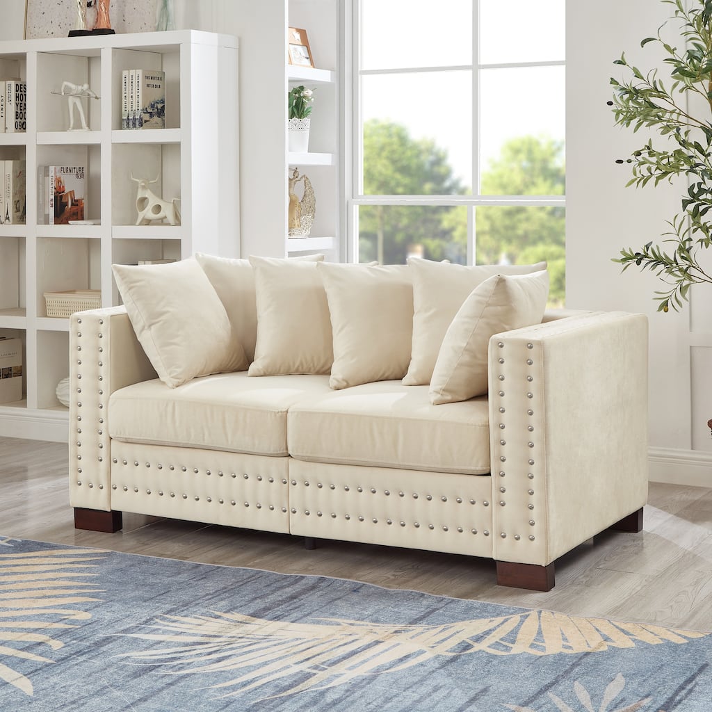 Velvet Loveseat Sofa with Storage, Comfy Upholstered Deep Seat Sofa, 2-Seater Sofa with Nailhead Trim & 6 Throw Pillows