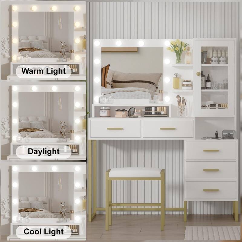Vanity Desk with Mirror & LED Lights, Charging Station, 5 Drawers, Shelves & Stool