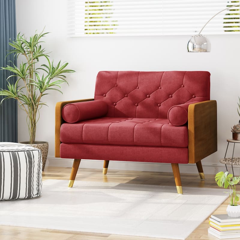 Modern 37.75" Upholstered Button Tufted Club Chair with Rolled Accent Pillows and Wood Frame