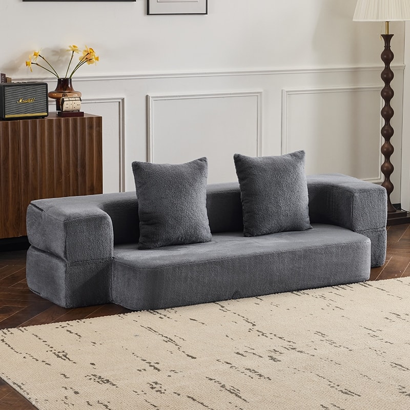Transformable Sectional Sofa with 3 Ottoman Stools - Supportive Foam Fold-Out Bed, Compact Chenille Lounger