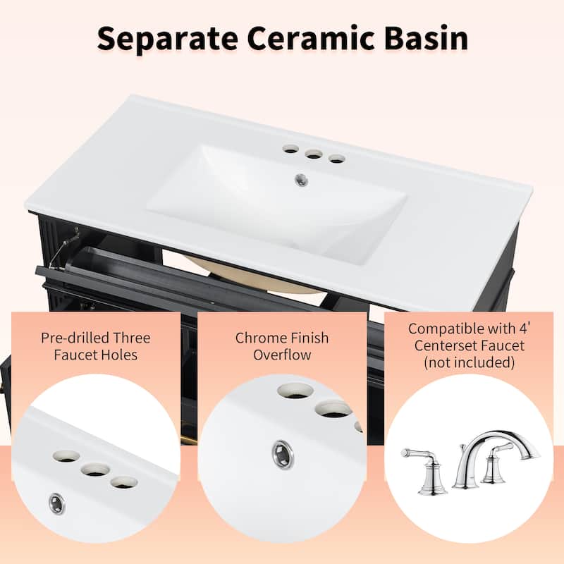 Modern 36 Inch Bathroom Vanity with Ceramic Sink, Solid Wood Frame, Golden Handles, Flip-Out Top Drawer & Storage Cabinet