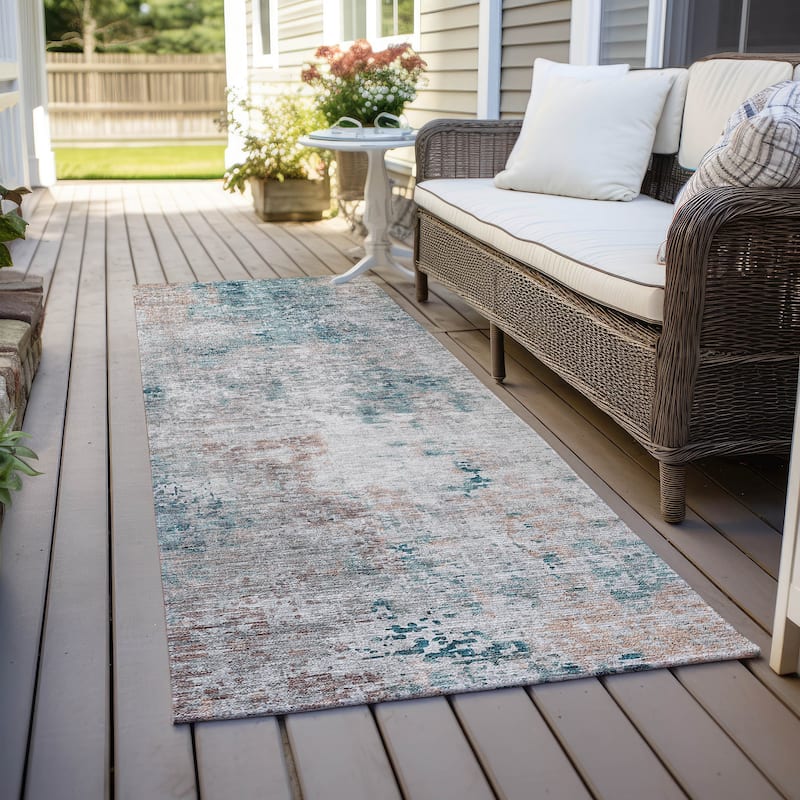 Machine Washable Indoor/ Outdoor Chantille Abstract Modern Rug - Teal - 2'3" x 7'6"